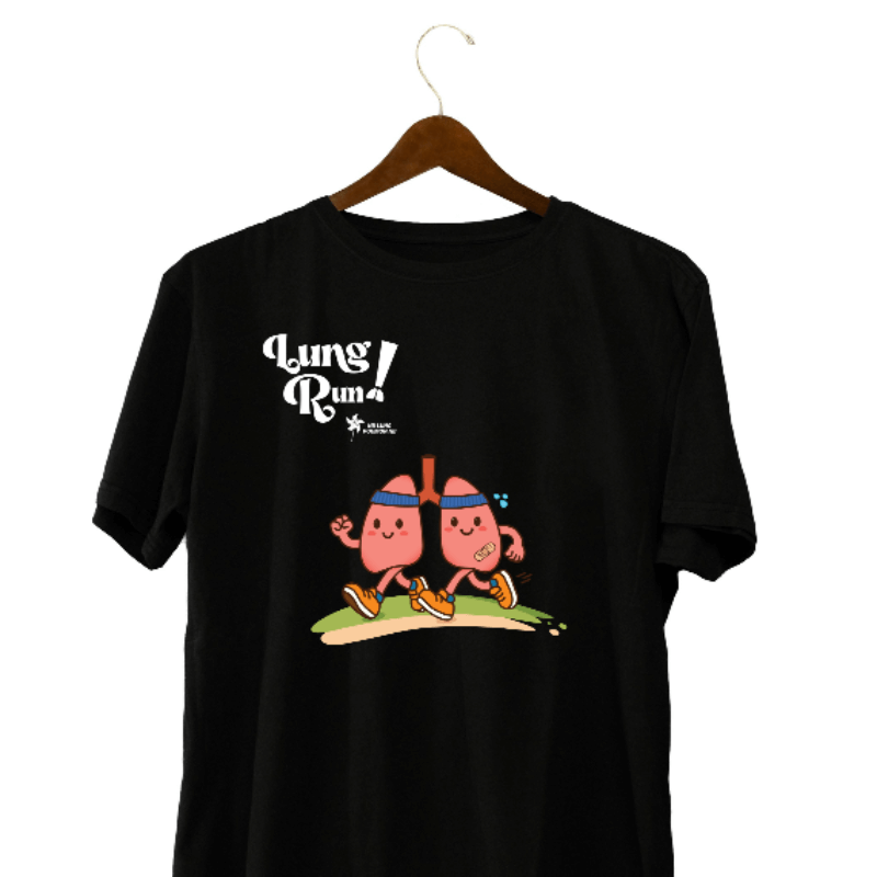 The black T-shirt features a graphic of a pair of stylized lungs running through a field at the center. The NB Lung name and pinwheel logo appear alongside the design. In the top left corner, the words “Lung Run” are printed.