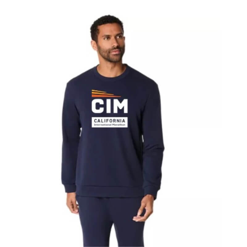 Midnight blue Asics crewneck with full CIM logo in white 