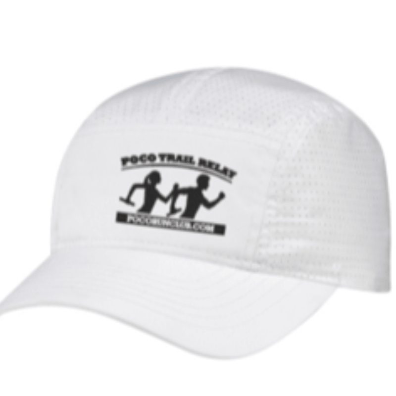 White Poco Trail Relay hat with black logo. 