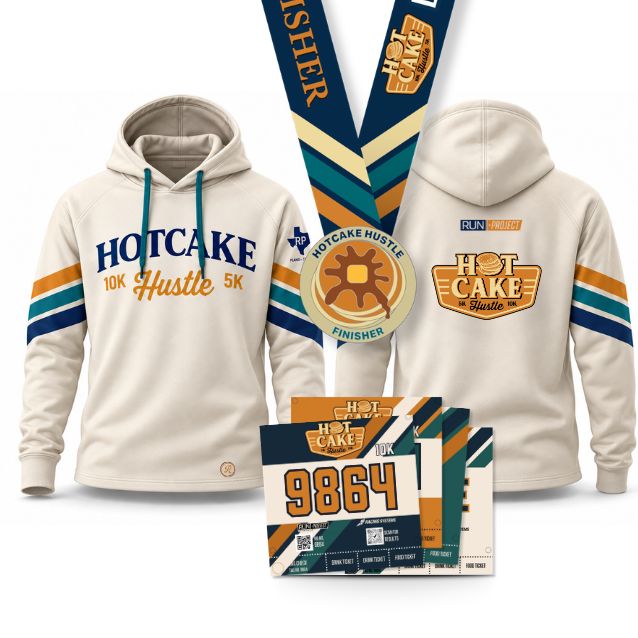 retro-inspired race hoodie, a custom pancake-themed finisher medal, and colorful race bibs designed for every distance.