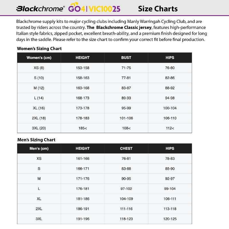 Black Chrome Kit Sizing Chart