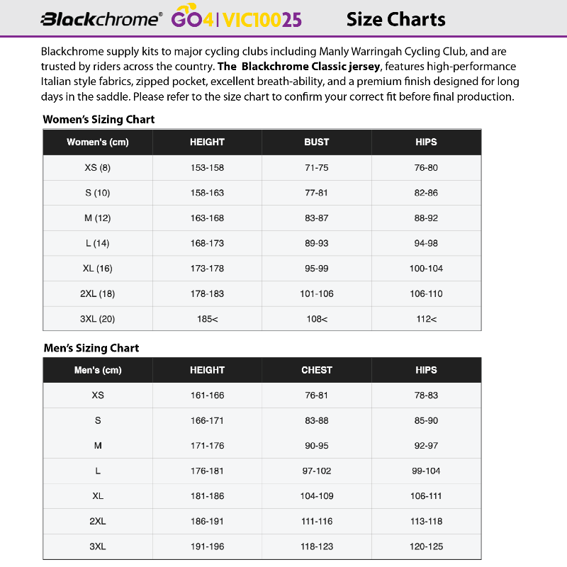 Black Chrome Size Chart