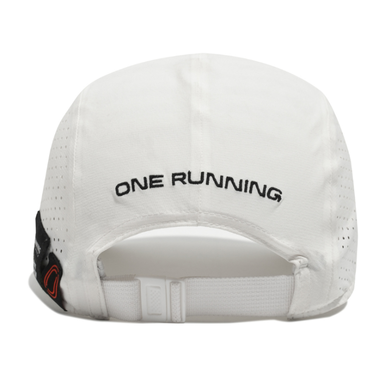 Back view - white cap with black 'One Running' embroidery and white adjustable strap