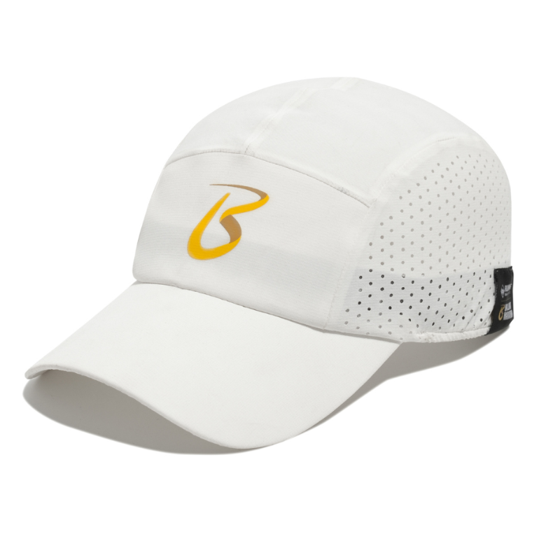 Side view - white cap with yellow B