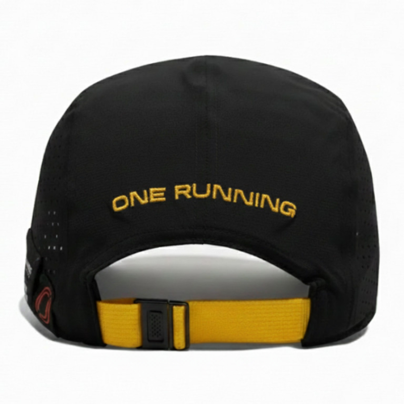Back view - black cap with yellow 'One Running' embroidery and yellow adjustable strap