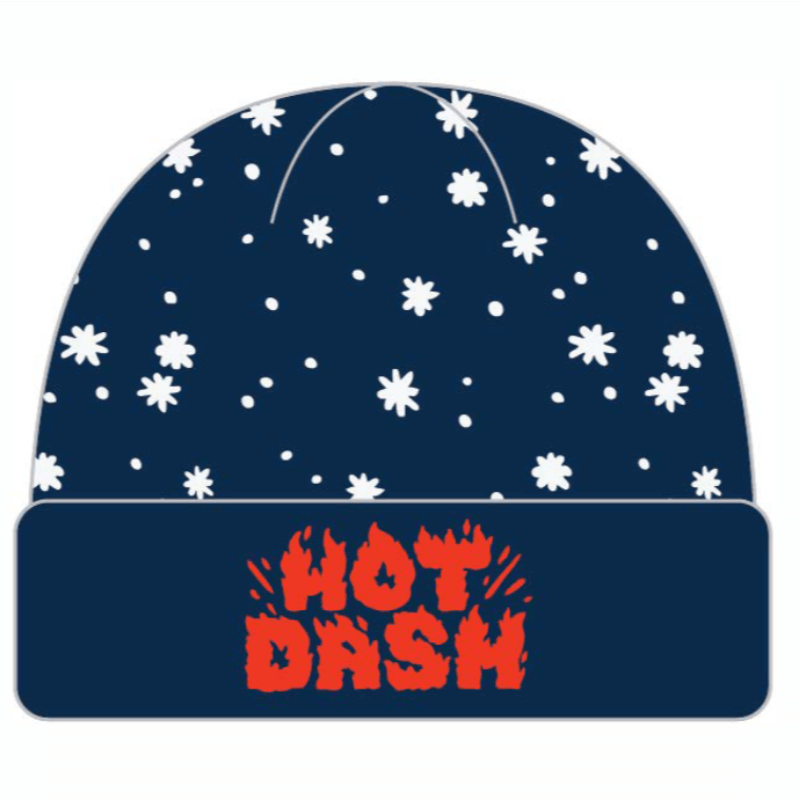 Navy blue rolled cuff beanie with white snowflakes. Red color printed Hot Dash logo on front of cuff. 