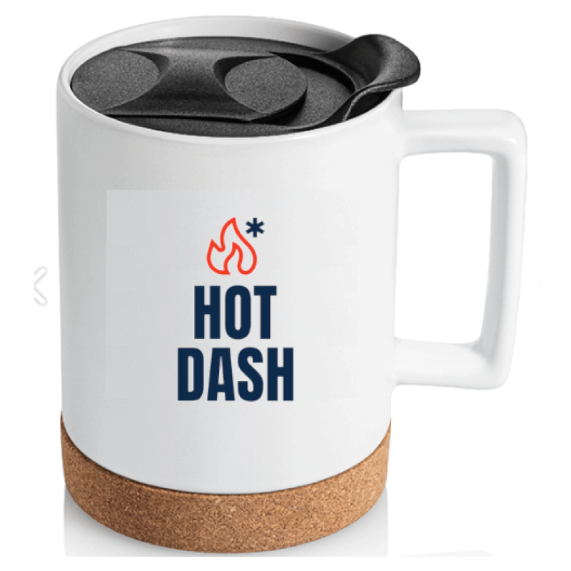 White ceramic mug with Hot Dash logo. 