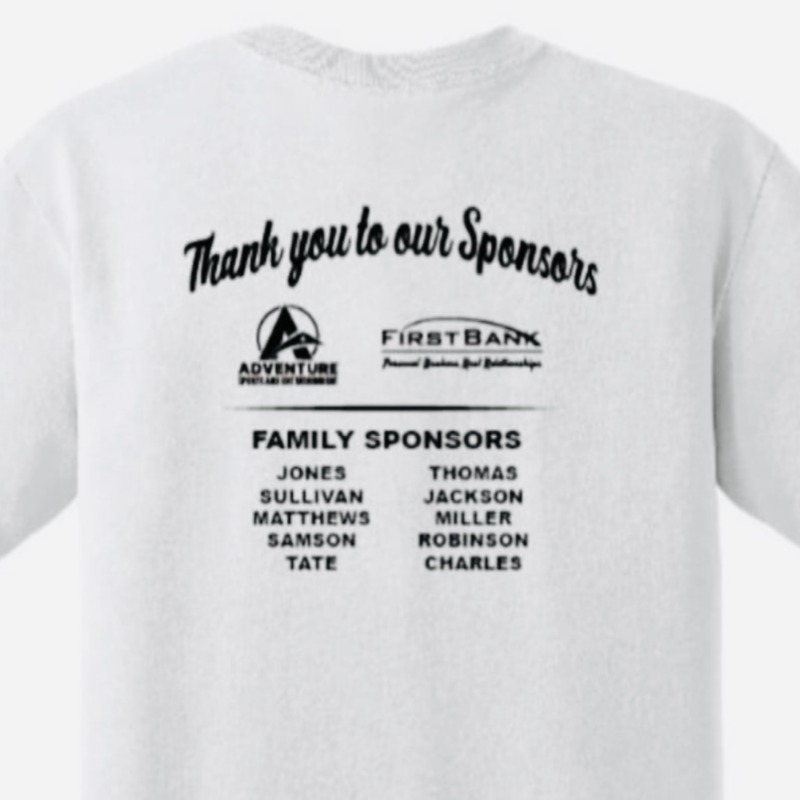 Mock up, back, a white shirt with corporate sponsor logos and family sponsor last names