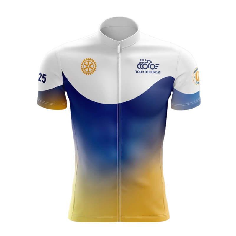 Front view of a cycling jersey with Tour de Dundas logo and Rotary Int. logo on left and right chest. Top of the jersey is white, there's a wave of blue, transitioning to orange (gradient).