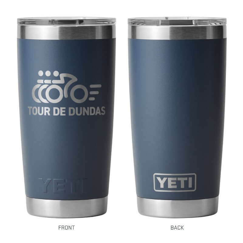 Navy blue YETI tumbler mug with Tour de Dundas' logo on the front