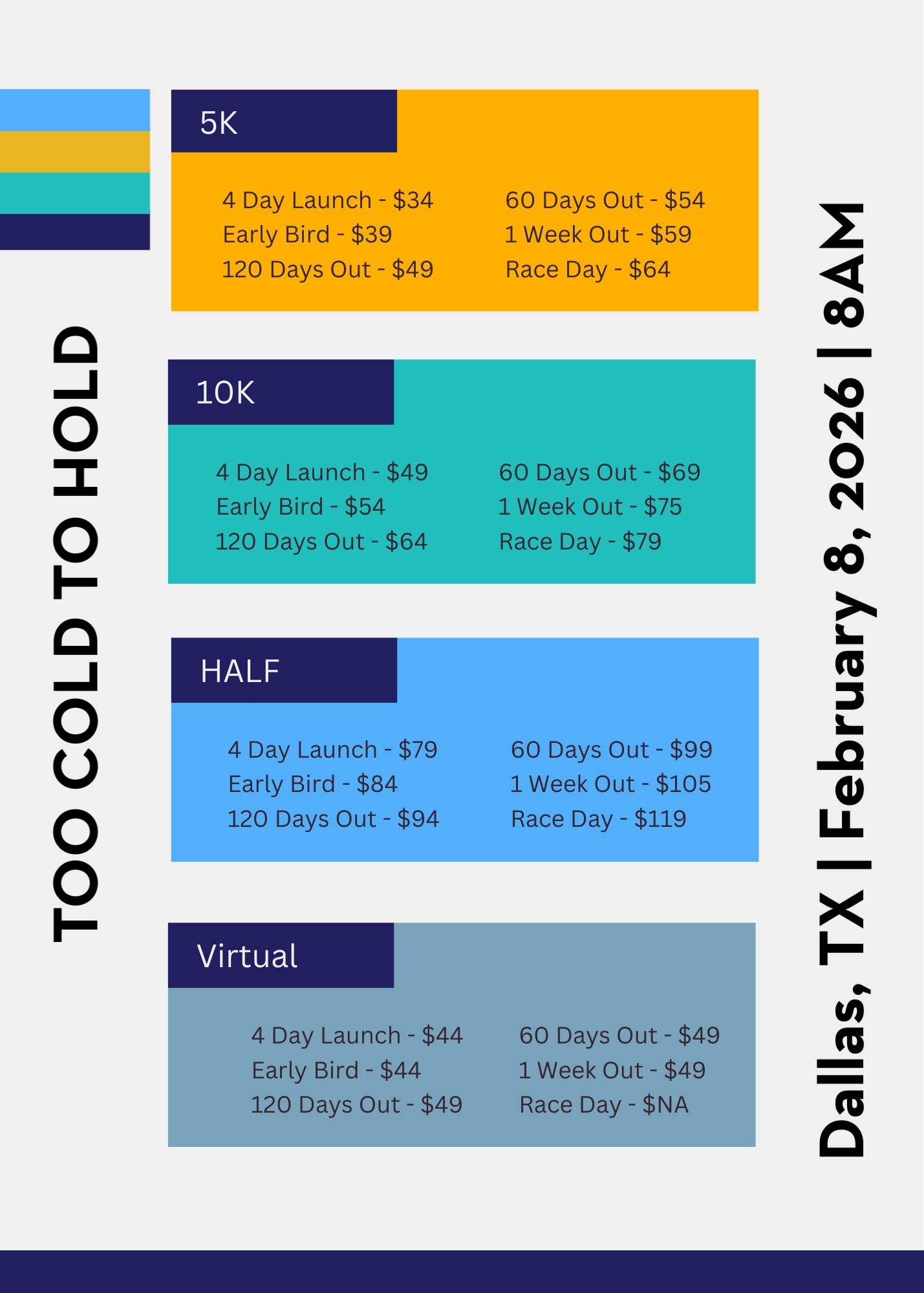 Too Cold To Hold Half, 10K and 5K pricing table