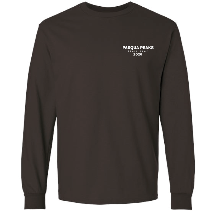 Front of shirt featuring the Pasqua Peaks word-mark and year