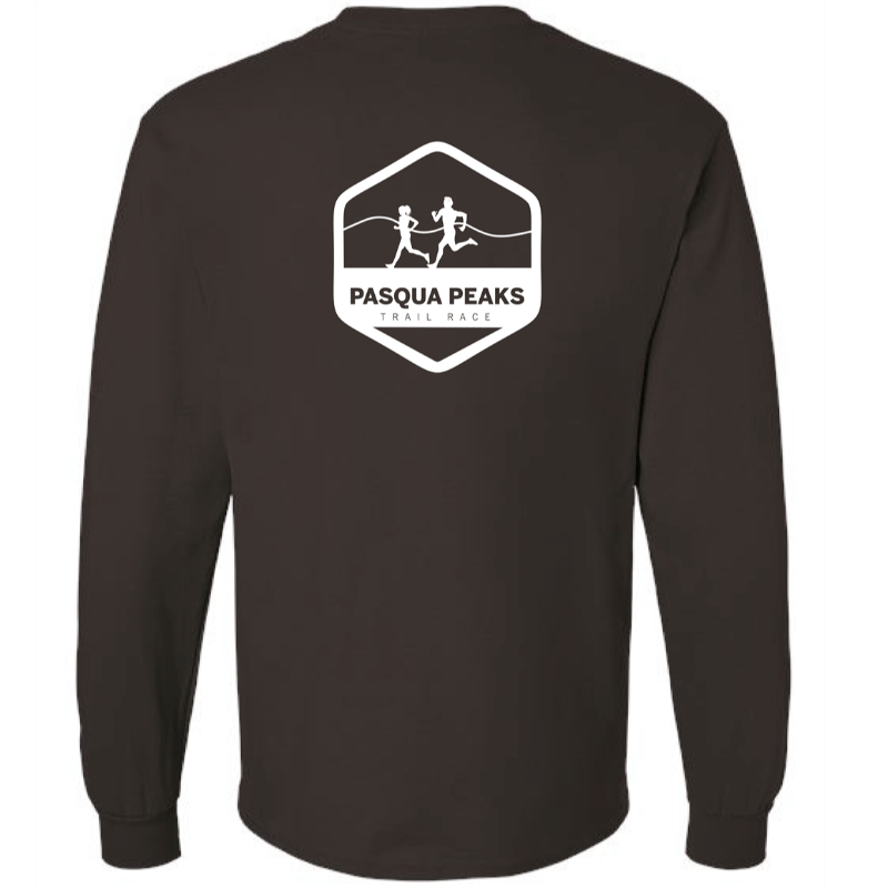 Back of shirt feature the Pasqua Peaks logo