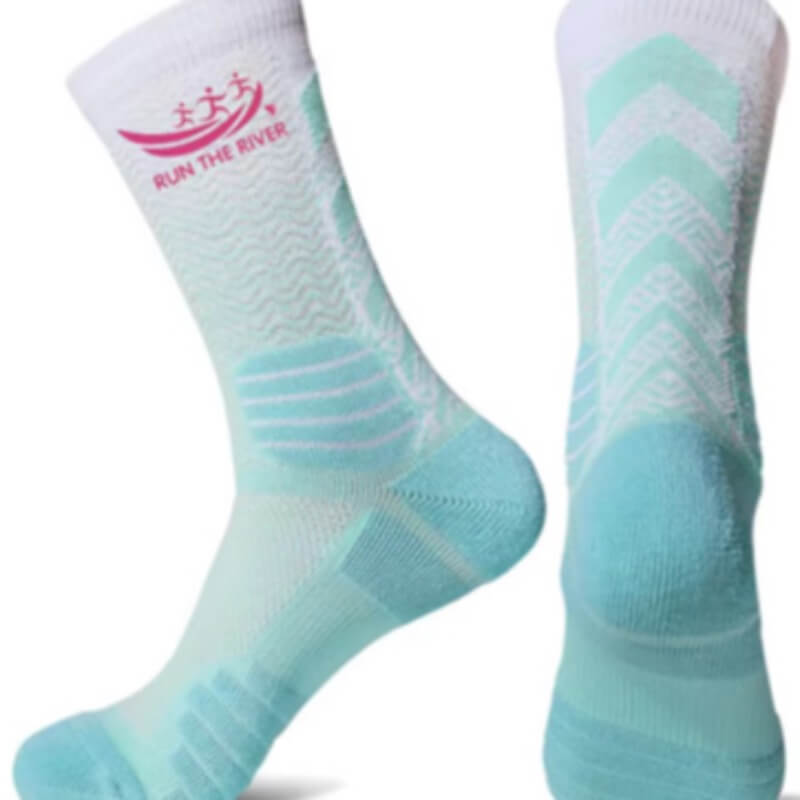 Teal and white 3/4 compression sock with pink embossed Run The River Logo 