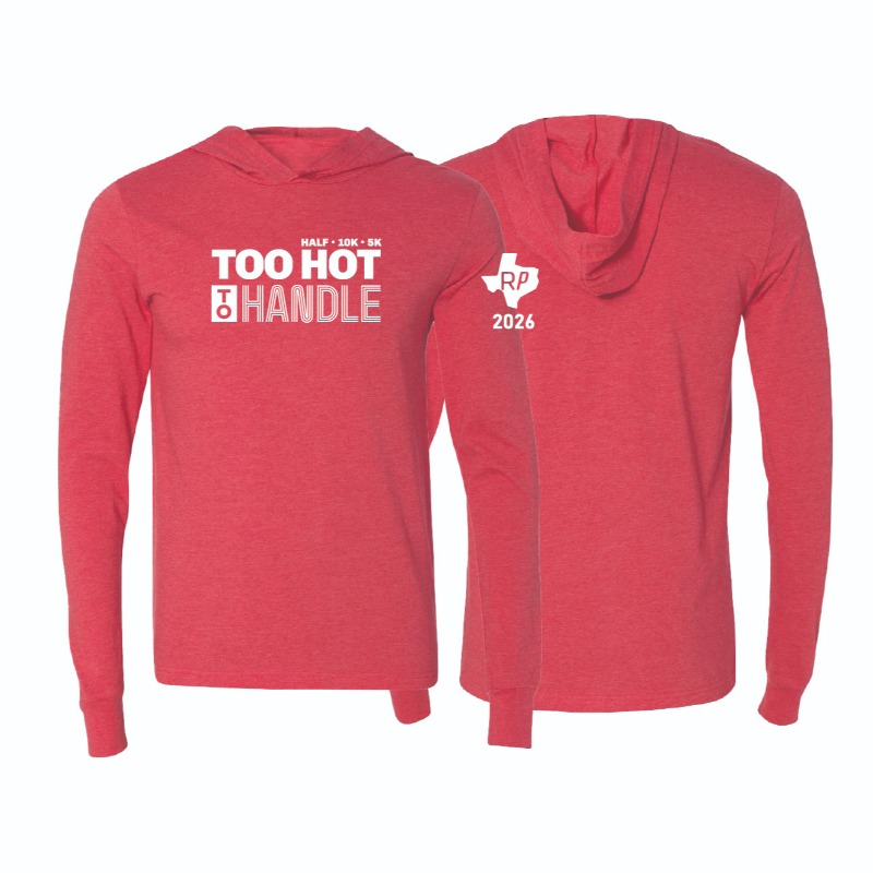 A lightweight hoodie with serious race energy. Featuring the Too Hot to Handle front graphic and RP Texas 2026 detail on the back, this piece is perfect for warm-ups, cooldowns, and everyday wear.