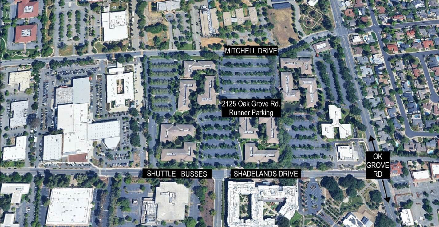 Aerial map of runner parking at 2125 Oak Grove Rd. in Walnut Creek, with shuttle buses staged on Shadelands Drive.