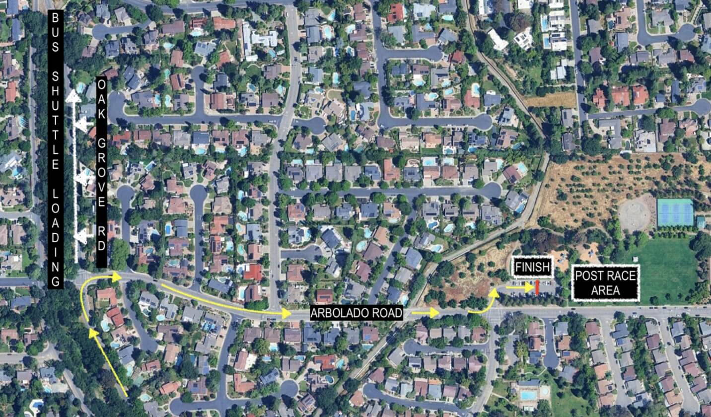 Aerial map of post-race shuttle loading on Oak Grove Road, with the finish line and post-race area at Arbolado Park.