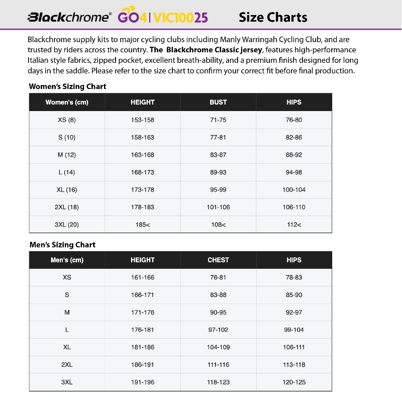 Blackchrome size chart