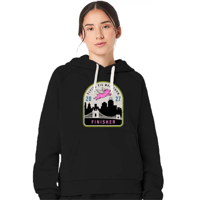 Front of black hoodie with the words "flying pig marathon" above a flying pig that is flying over the skyline of Cincinnati. "Finisher" is underneath the skyline