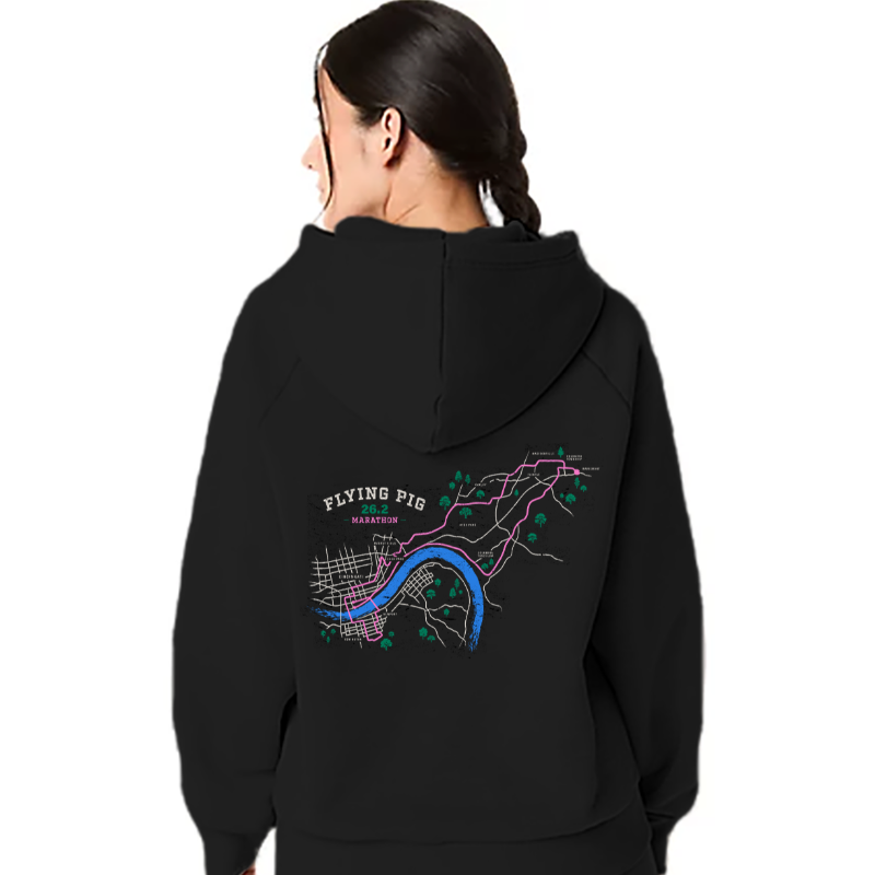 Back of black hoodie with the map of the 2027 flying pig full marathon.