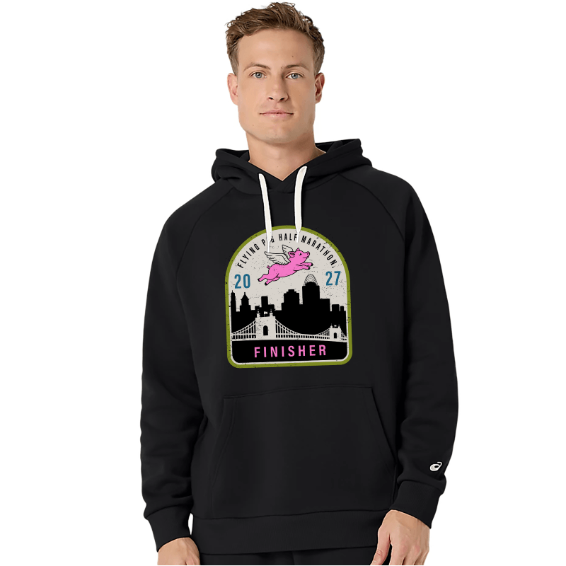 Front of black hoodie with "Flying pig half marathon" above a flying pig that is over the skyline of Cincinnati. Underneath that is "finisher"