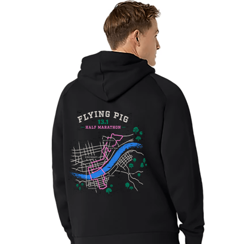 Back of black hoodie with the map of the 2027 Flying Pig Half Marathon Route