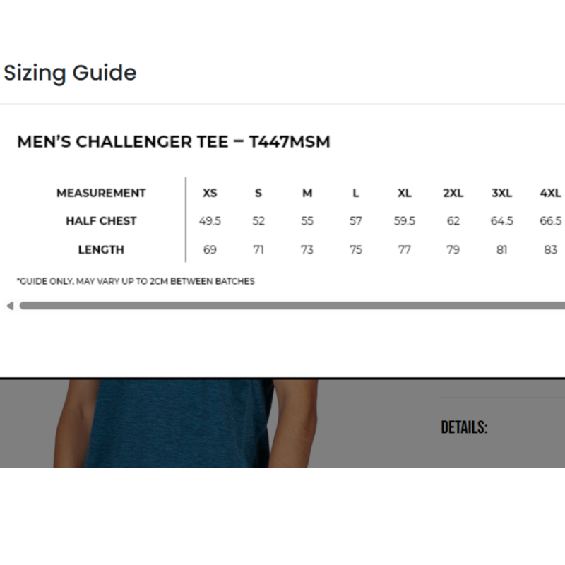 Size chart in cms