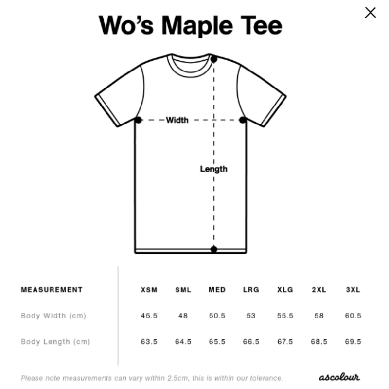 Women tee size guide