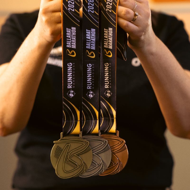 2026 Ballarat Marathon gold, silver and bronze medals with Running Warehouse Ballarat Marathon logo
