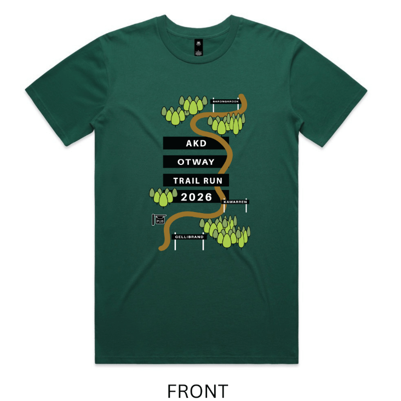 Forest green tshirt with text 'AKD OTWAY TRAIL RUN 2026'  on black rectangles in centre. Brown curved line runs down centre of design with graphic trees spaced.