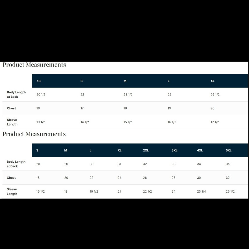 Shirt sizing chart