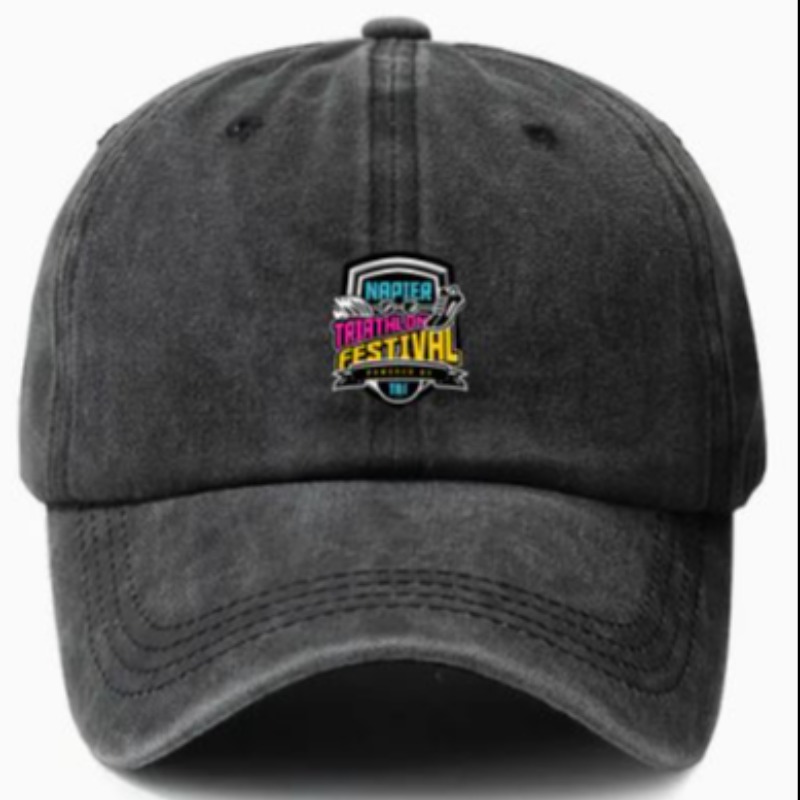 Charcoal coloured baseball cap with Napier Triathlon Festival badge logo