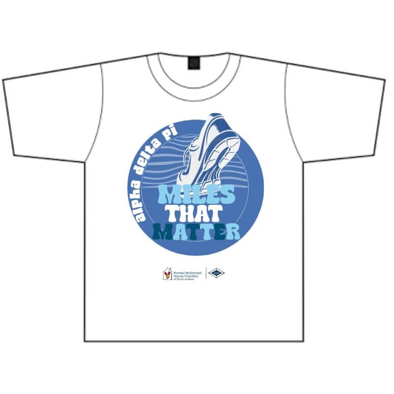 Alpha Delta Pi - Miles That Matter for RMHC Running T-Shirt: Blue Logo With Running Shoe