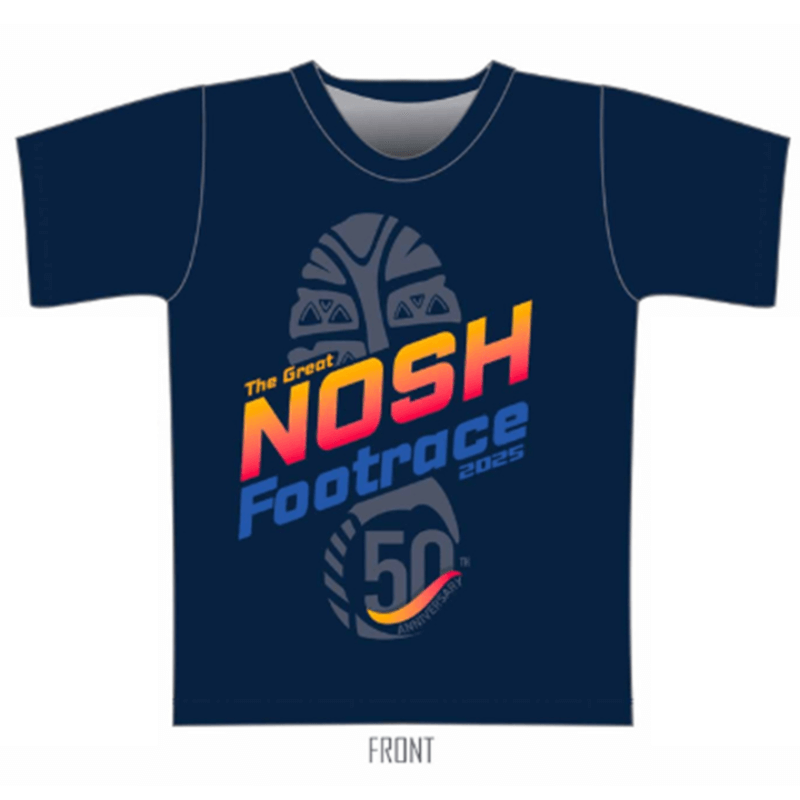 A navy blue tee-shirt with the race logo on the front