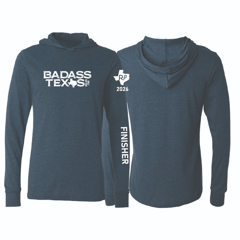 A modern lightweight hoodie made for finishers. Featuring the Badass Texas logo on the front, RP Texas sleeve graphic, and bold FINISHER sleeve print. Soft, breathable, and perfect for post-race recovery or everyday wear.