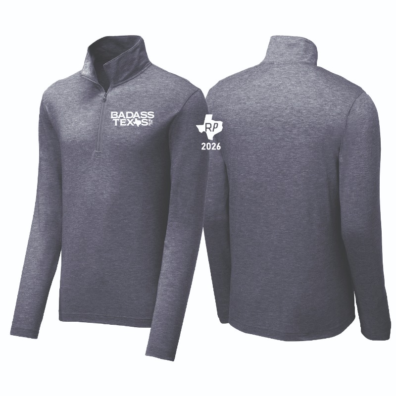 Performance meets casual comfort. This sleek quarter-zip features the Badass Texas logo on the chest and RP Texas 2026 detail on the sleeve. Lightweight warmth makes it perfect for early morning runs or cool evenings.