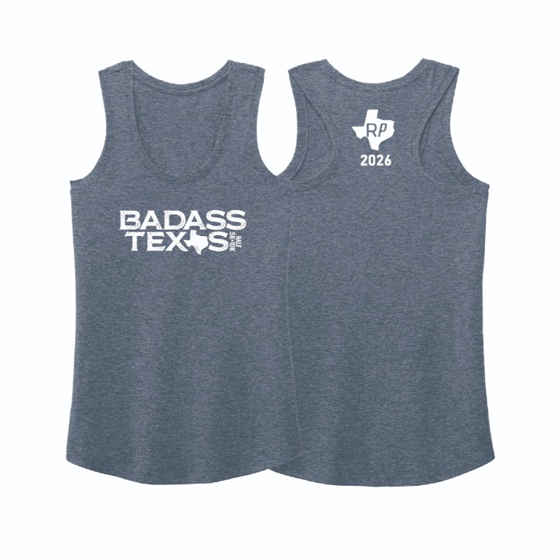 Built for movement and comfort. This Tri Blend racerback tank features the Badass Texas logo on the front and RP Texas 2026 mark on the back. Lightweight and breathable—perfect for running, training, or race weekend.