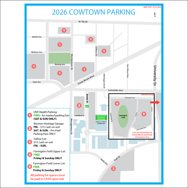 Parking Map displaying the different locations to park for The 2026 Cowtown Marathon.
