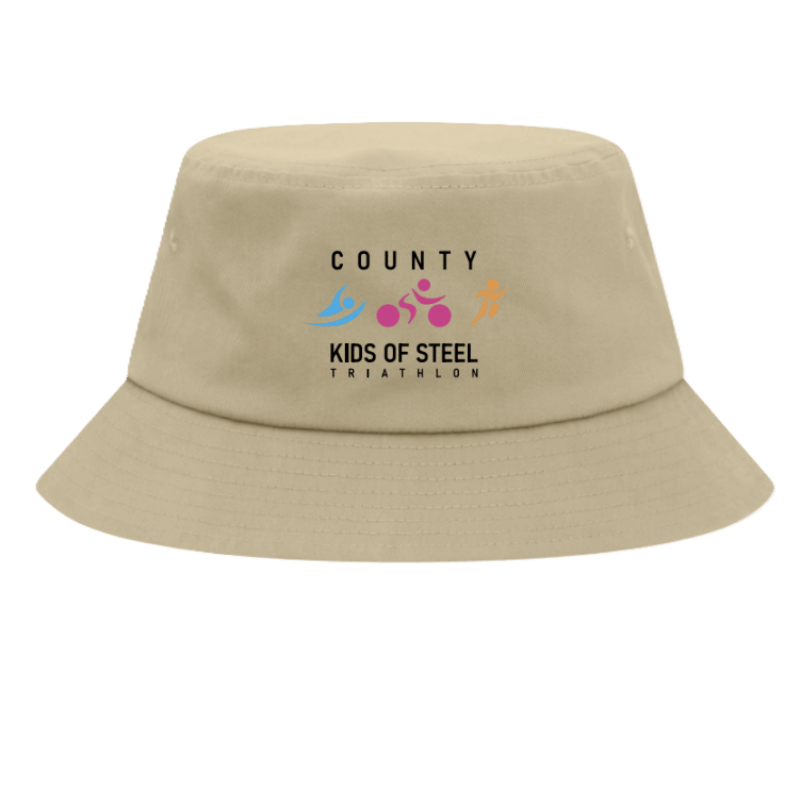 Kahki Bucket Hat with County Kids of Steel Triathlon text and colour logo embroidered