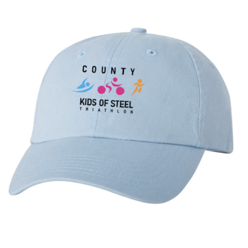 Blue Cap with County Kids of Steel Triathlon text and colour logo embroidered
