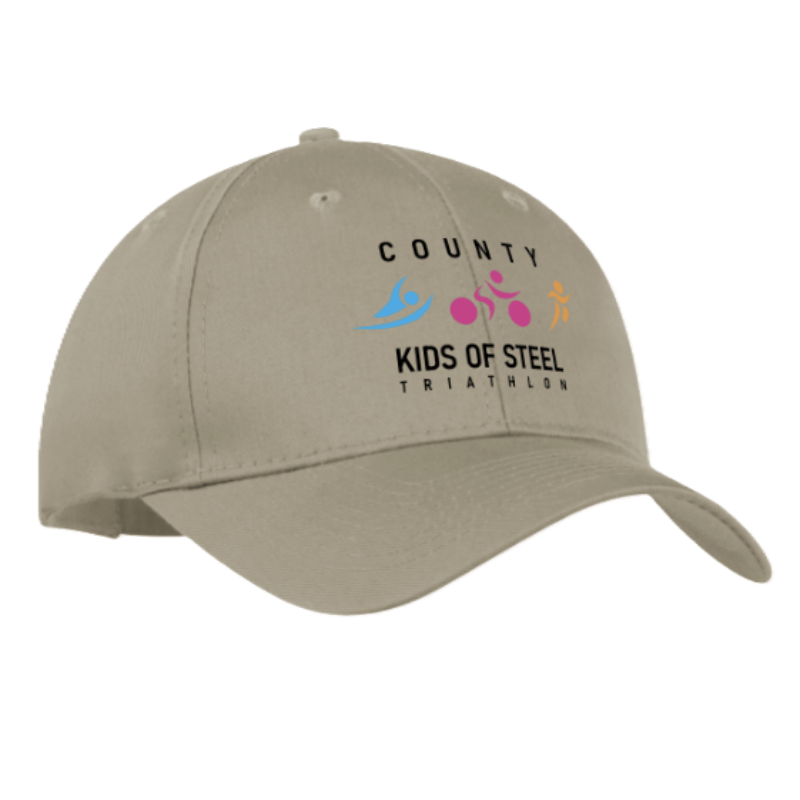 Khaki Cap with County Kids of Steel Triathlon text and colour logo embroidered