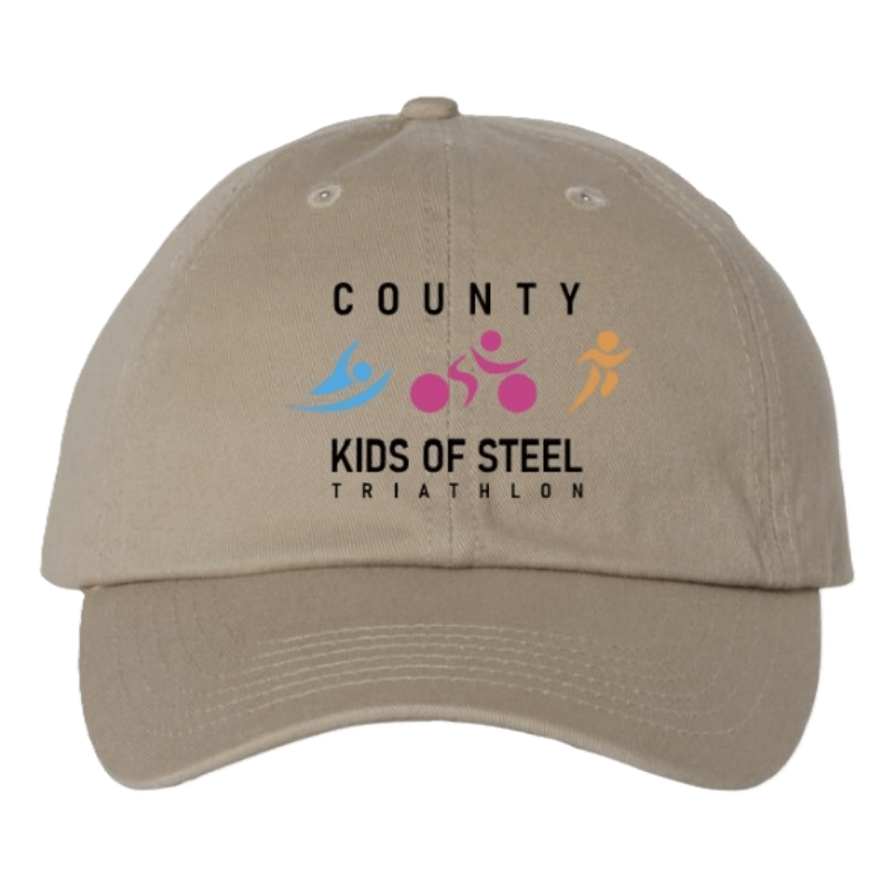Khaki Cap with County Kids of Steel Triathlon text and colour logo embroidered