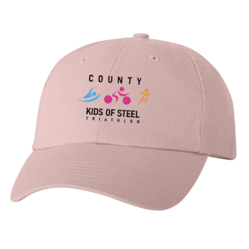 Pink Cap with County Kids of Steel Triathlon text and colour logo embroidered