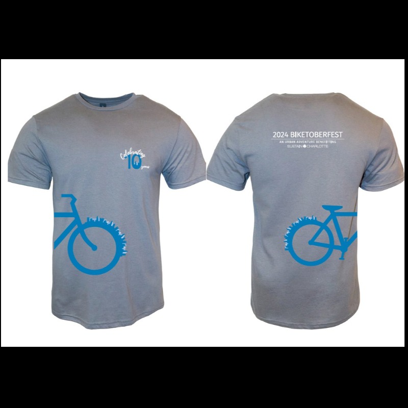 Image of Sustain Charlotte's 10th Anniversary Biketoberfest T-shirt, which is heather gray with a blue bicycle design on the front and back.